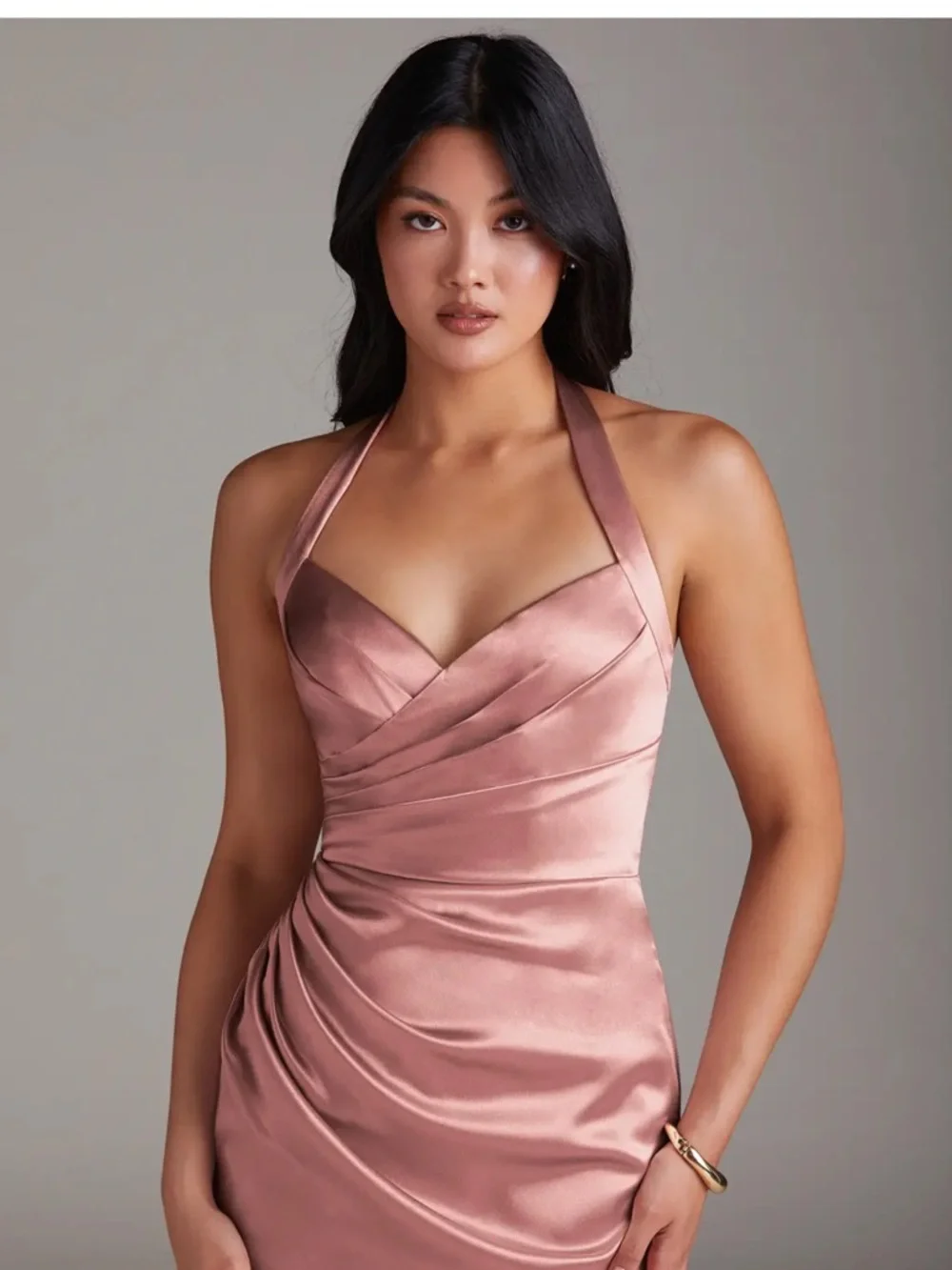 Azazie Dusty Rose Satin Halter Maxi Dress - Picture 3 of 7